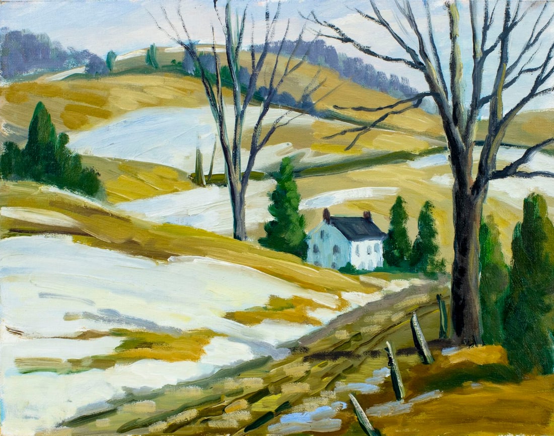 George Holloway (NJ,20C) oil painting: ARTIST: George Holloway (New Jersey, 20 century) TITLE: Country Landscape with Cottage MEDIUM: oil on canvas board CONDITION: Overall good. No visible inpaint under UV light