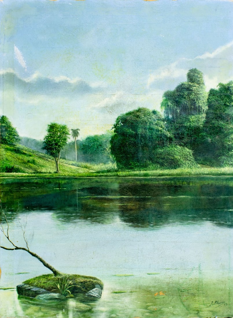 Luis Torres (Latin America,20C) oil painting: ARTIST: Luis Torres (Latin American, 20 century) TITLE: Lake Landscape MEDIUM: oil on canvas CONDITION: Some paint losses (see pictures carefully). Some craquelure. No visib