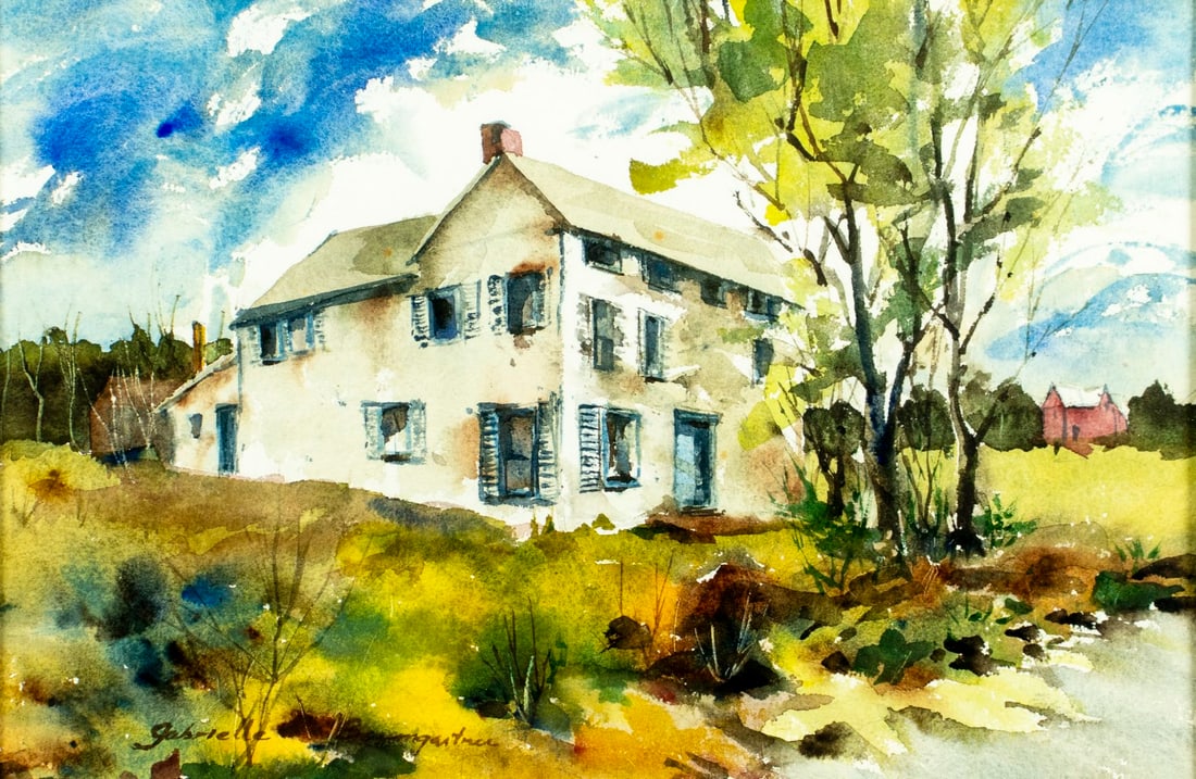 Gabrielle Baumgartner (US,20C) watercolor painting: ARTIST: Gabrielle Baumgartner (American, 20 century) TITLE: Country Landscape with Farmhouse MEDIUM: watercolor on paper CONDITION: Overall good. Framed under glass. Wear to