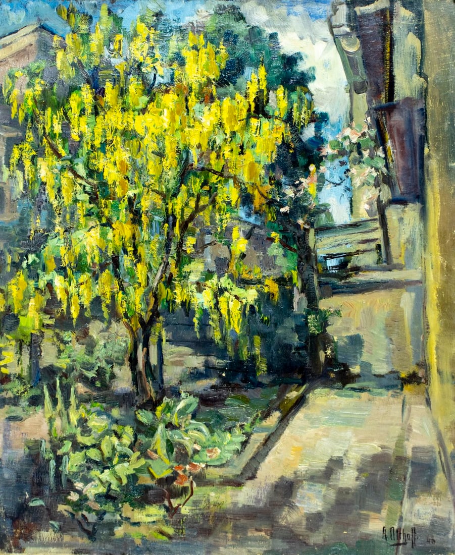 A Olthoff (German,mid 20C) oil painting antique: ARTIST: A Olthoff (Germany, mid 20 century) TITLE: Town Scene YEAR: 1946 MEDIUM: oil on canvas CONDITION: Unstretched (In-House stretching available) (In