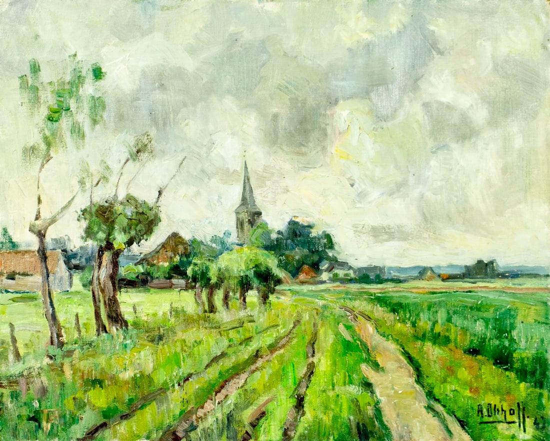 A Olthoff (German,mid 20C) oil painting antique: ARTIST: A Olthoff (Germany, mid 20 century) TITLE: Village Landscape YEAR: 1947 MEDIUM: oil on canvas CONDITION: Unstretched (In-House stretching availab