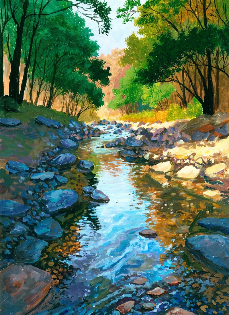 Katerina Kovalevska (Ukraine,20/21C) acrylic painting: ARTIST: Katerina Kovalevska (Ukraine, 20/21 centuries) TITLE: Forest River Landscape MEDIUM: acrylic on heavy paper CONDITION: Very good. ART SIZE: 12 x