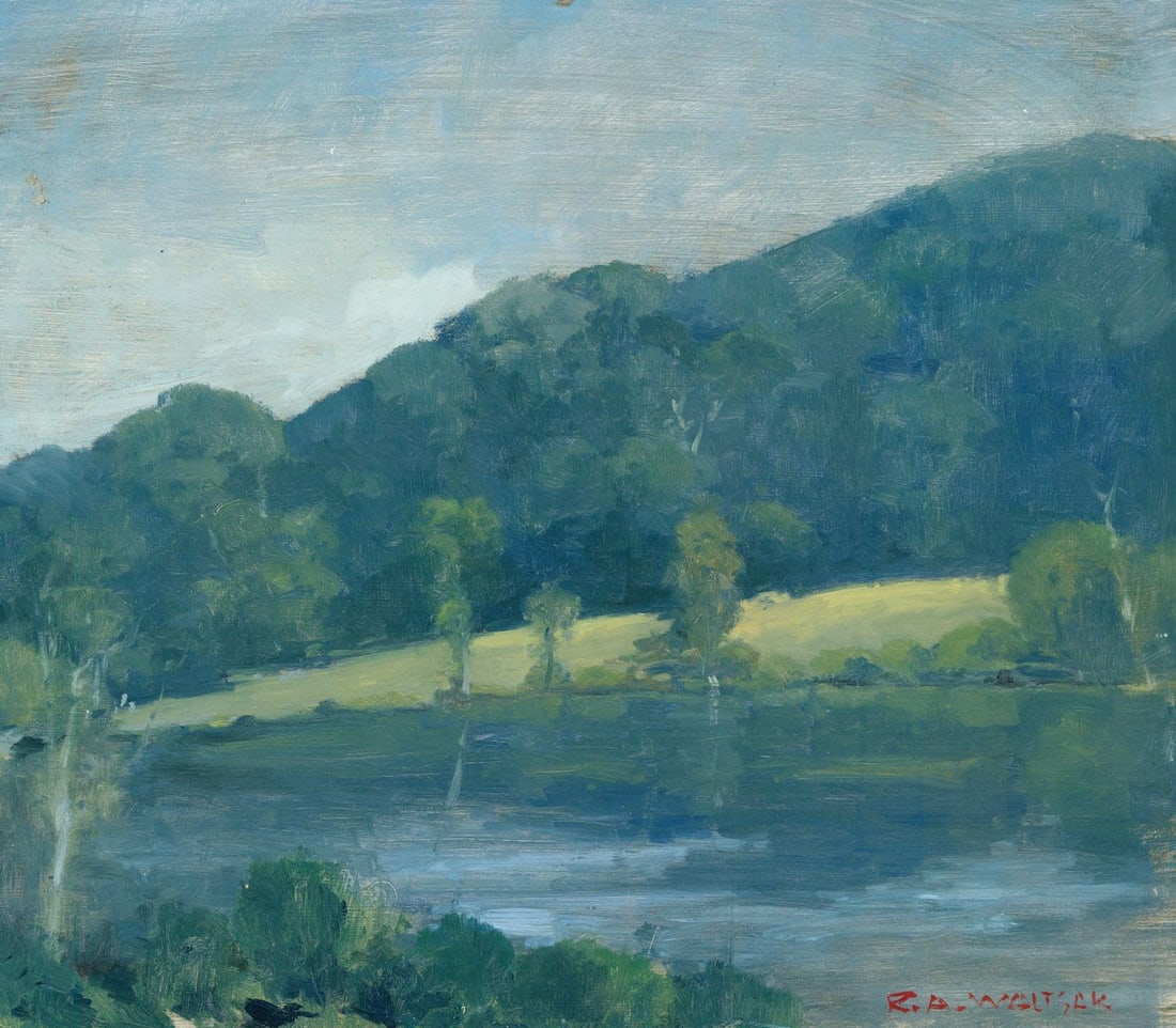 Robert Waltsak (NJ,b 1944) oil painting: ARTIST: Robert Alan Waltsak (New Jersey, born 1944) TITLE: Lake Landscape MEDIUM: oil on board CONDITION: Minor scratches/paint losses. No visible inpaint under UV light.