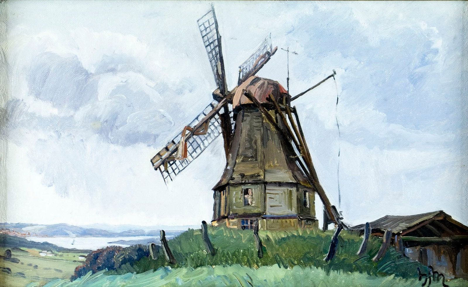 Hjalmar Matthiesen (Denmark,1880-1955) oil painting antique: ARTIST: Hjalmar Matthiesen (Scandinavian, Danish, 1880 - 1955) TITLE: Windmill Landscape YEAR: 1924 MEDIUM: oil on canvas CONDITION: One small patch. F