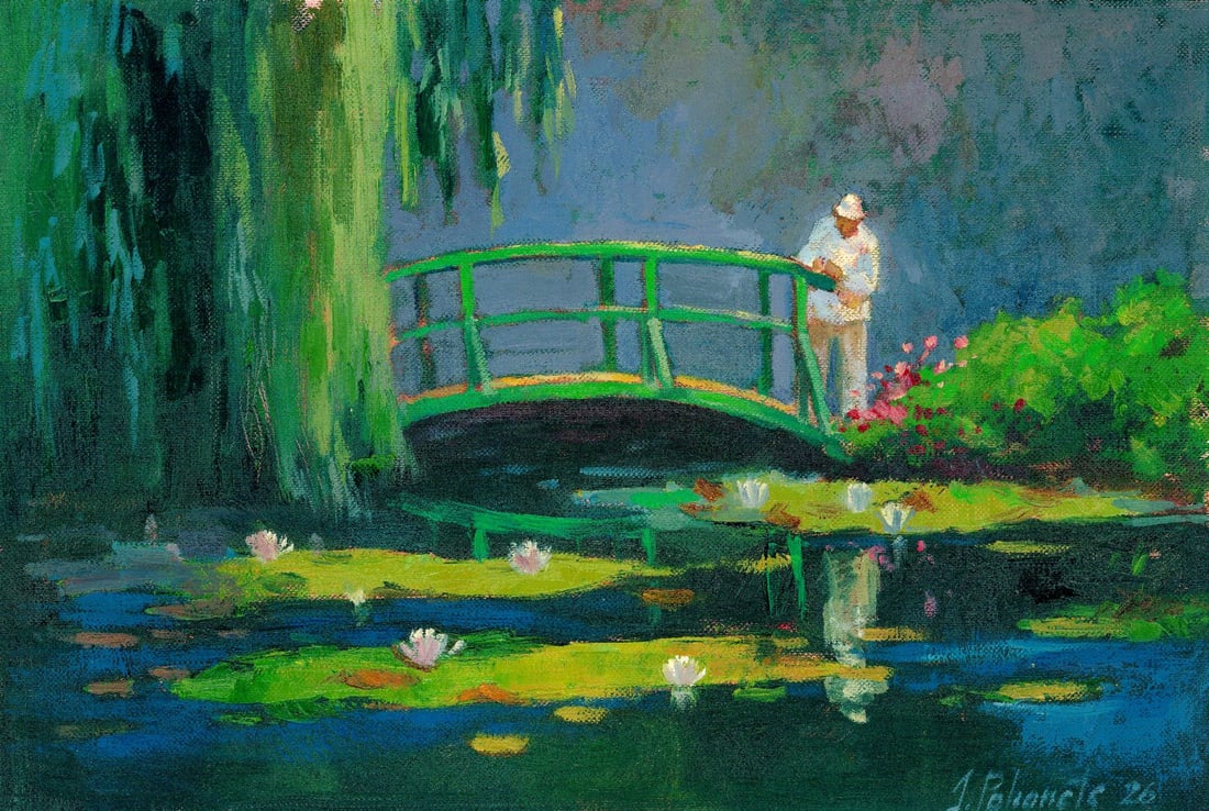Ivana Pohonets (Ukraine,20/21C) oil painting: ARTIST: Ivana Pohonets (Ukraine, 20/21 centuries) TITLE: Landscape with Bridge and Water Lilies MEDIUM: oil on heavy paper CONDITION: Very good. No visible inpaint under UV
