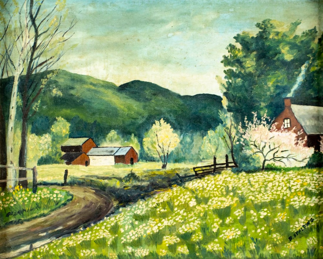 B Spalding (US,20C) oil painting: ARTIST: B Spalding (American, 20 century) TITLE: Spring Farm Landscape MEDIUM: oil on canvas board CONDITION: Some small paint losses. No visible inpaint under UV light. Wea