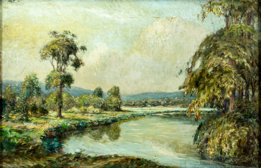 Klix (US,early 20C) oil painting antique: ARTIST: Klix (American, early 20 century) TITLE: River Landscape MEDIUM: oil on canvas CONDITION: Few repaired tears with corresponding inpaintings. Some scratches/paint los