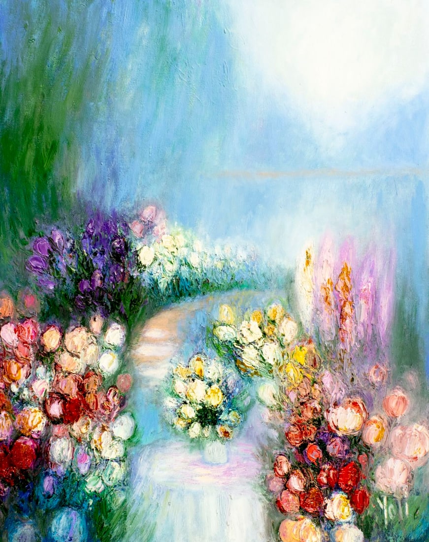 Yolanda Razzeto (Peru,1948-?) oil painting: ARTIST: Yolanda Razzeto (Peruvian, 1948 - ???) TITLE: Flower Field Landscape MEDIUM: oil on canvas CONDITION: Unstretched (In-House stretching available) (In-House stretch