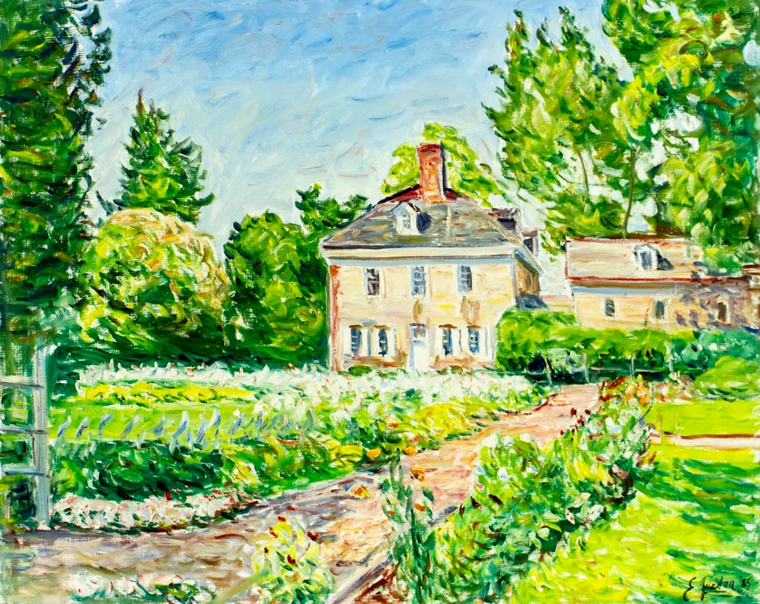Edmund F Jordan Jr (PA,?-2017) oil painting: ARTIST: Edmund F Jordan Jr (Pennsylvania, ??? - 2017) TITLE: Garden Landscape with Cottage YEAR: 1985 MEDIUM: oil on board CONDITION: Overall good. No