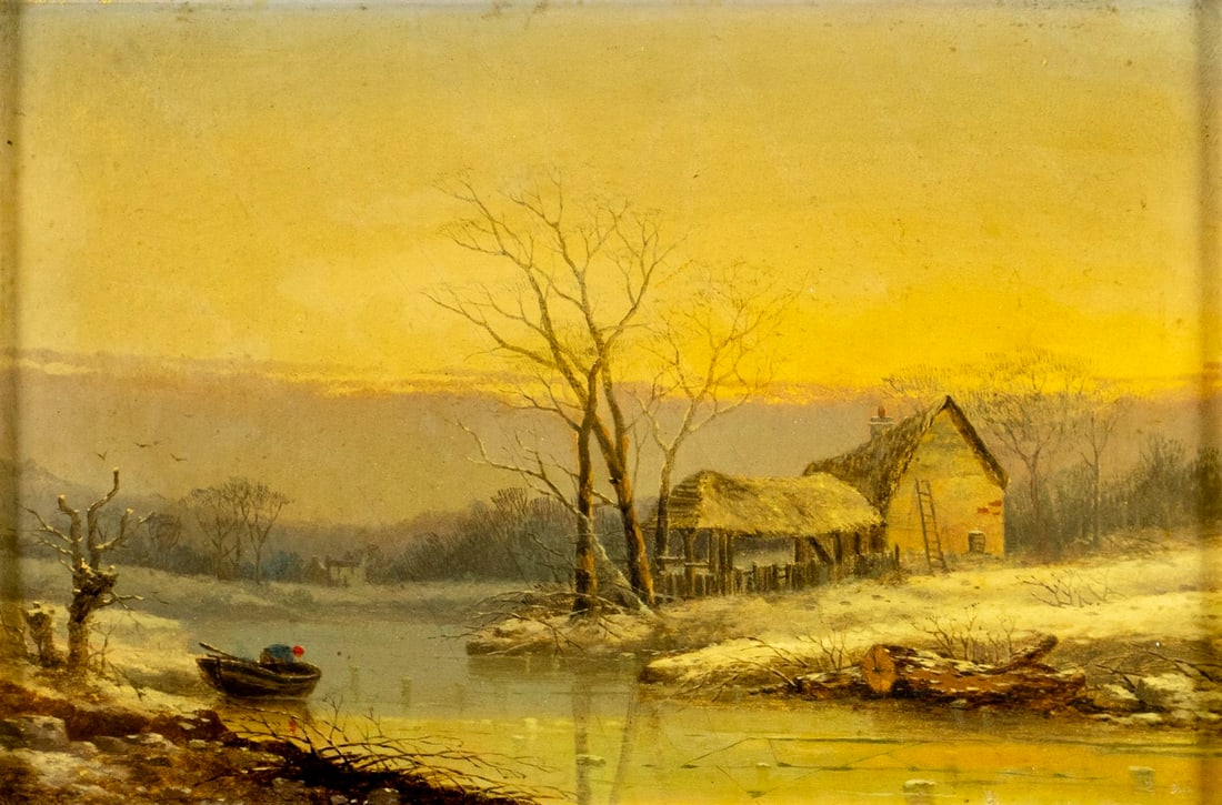 Antique early 20C European oil painting signed: ARTIST: - (Europe, early 20 century) TITLE: Sunset River Landscape with House MEDIUM: oil on board CONDITION: Few small scratches/paint losses mostly along edges. Very mi