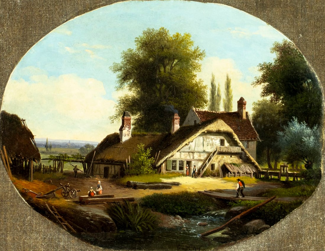 Antique 19C European oil painting signed: ARTIST: - (Europe, 19 century) TITLE: Village Landscape MEDIUM: oil on canvas CONDITION: Relined. Some faint scratches. Few minor paint losses. Some scattered minor inpain