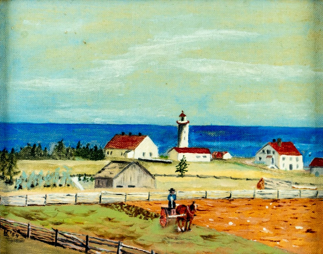 Vintage mid 20C Canadian oil painting signed: ARTIST: - (Canada, mid 20 century) TITLE: Lighthouse Landscape, Gaspe, Canada YEAR: 1954 MEDIUM: oil on canvas board CONDITION: Few very minor paint lo