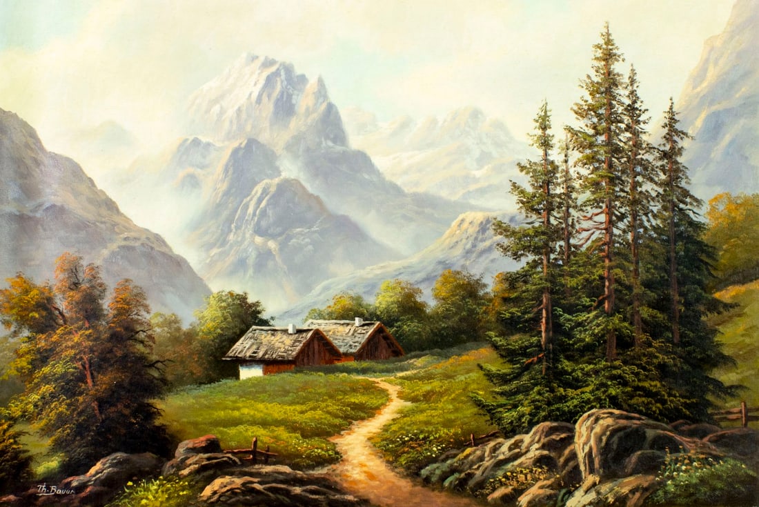 Th Bauer (Europe,20C) oil painting: ARTIST: Th Bauer (European, 20 century) TITLE: Mountain Landscape with Houses MEDIUM: oil on canvas CONDITION: Unstretched (In-House stretching available) (In-House stretchi