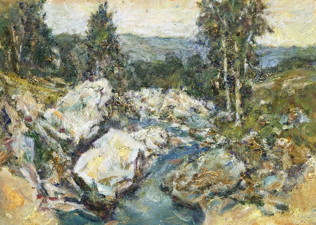 Vyacheslav Evsikov (Ukraine,b 1957) oil painting: ARTIST: Vyacheslav Sergeyevich Evsikov (Ukraine, born 1957) TITLE: Stream Landscape MEDIUM: oil on board CONDITION: Very good. No visible inpaint under UV light.