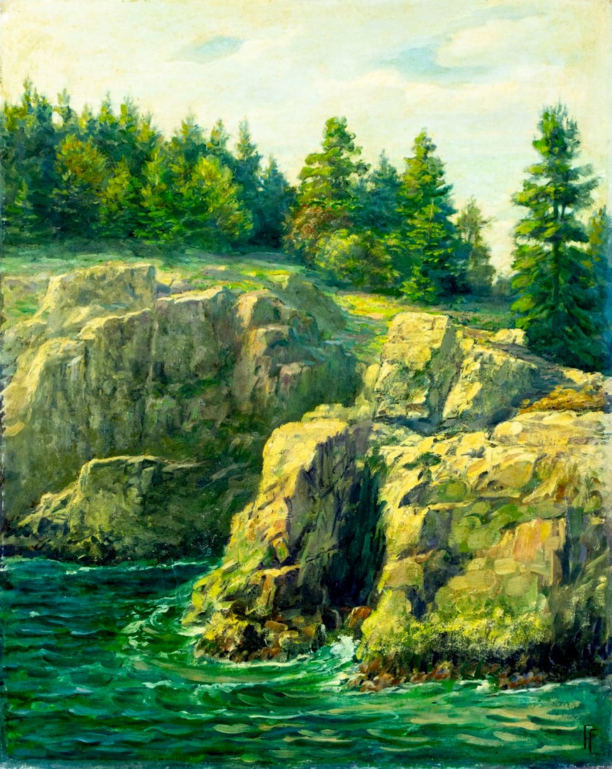 Vintage mid 20C American oil painting: ARTIST: - (American, mid 20 century) TITLE: Rocky Coastal Landscape MEDIUM: oil on board CONDITION: Few very minor scratches/paint losses. Very minor craquelure. No visib