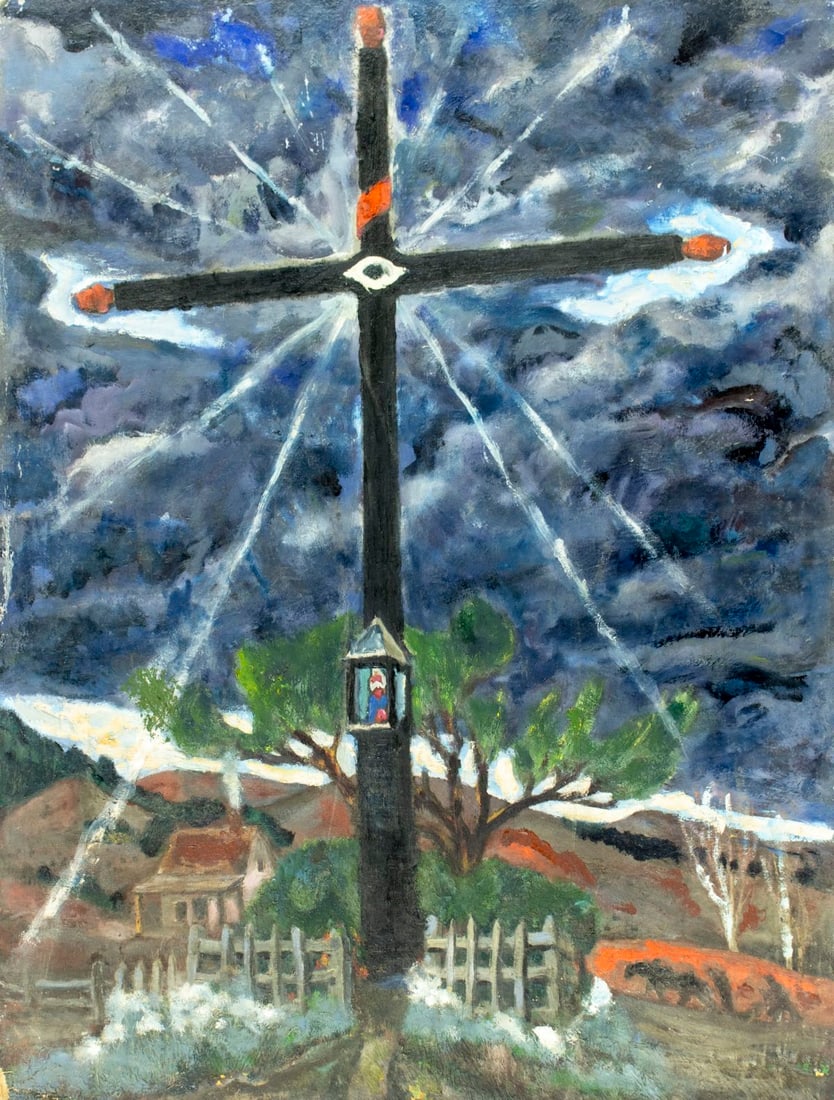 Bertram Hartman (NY,KS,1882-1960) oil painting: ARTIST: C Bertram Hartman (New York, Kansas, 1882 - 1960) TITLE: Landscape with Cross MEDIUM: oil on canvas. Canvas applied to board. CONDITION: Some damages to edges and