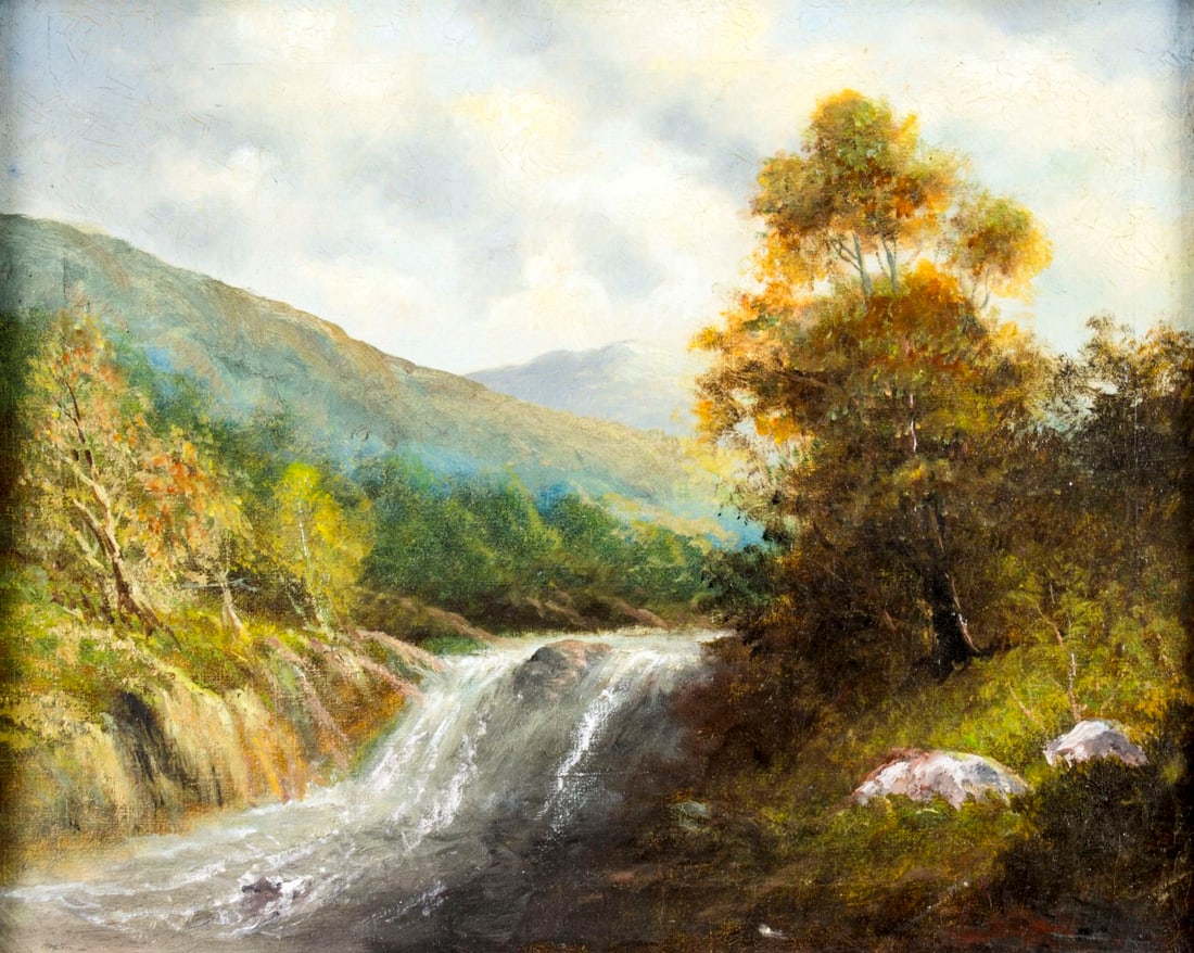 Antique early 20C American oil painting: ARTIST: - (American, early 20 century) TITLE: Waterfall Landscape MEDIUM: oil on canvas CONDITION: Two patches. Few minor paint losses. Some craquelure. Few scattered inpa