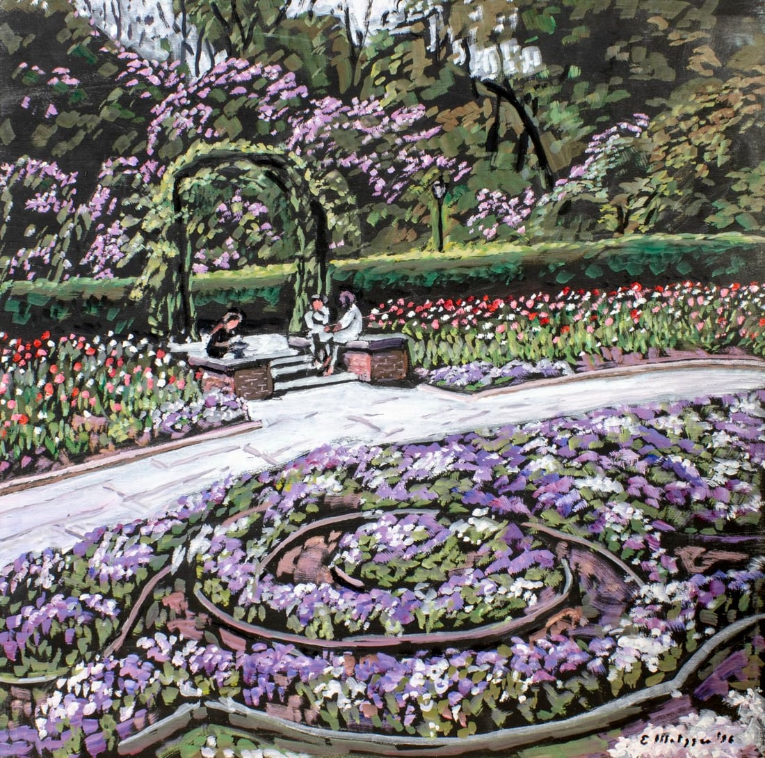 Evelyn Metzger (NY,Brazil,1911-2007) oil painting: ARTIST: Evelyn Borchard Metzger (New York, Brazilian, 1911 - 2007) TITLE: Park Landscape YEAR: 1996 MEDIUM: oil on board CONDITION: Overall good. No visi