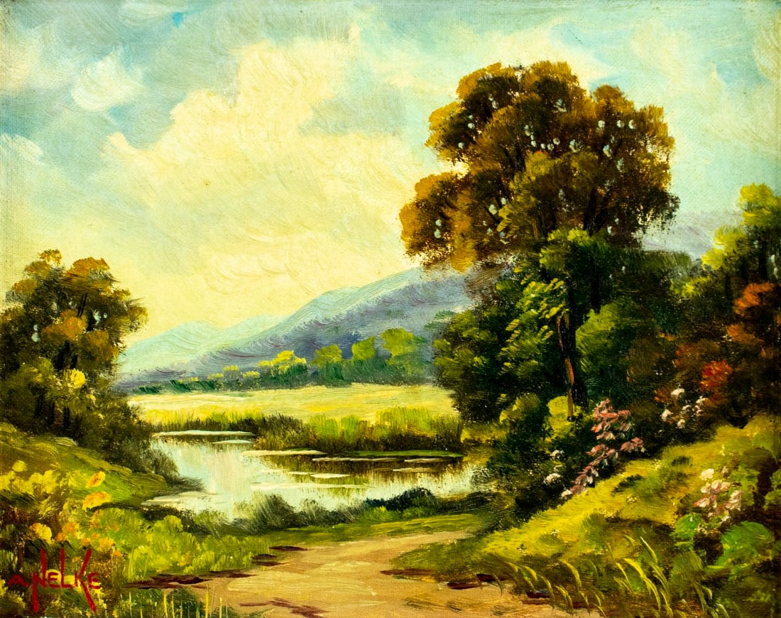 Alexander Nelke (NY,SC,Estonia,1894-1974) oil painting: ARTIST: Alexander Nelke (New York, South Carolina, Estonian, 1894 - 1974) TITLE: Country Landscape with Pond MEDIUM: oil on canvas board CONDITION: Overall good. No visible