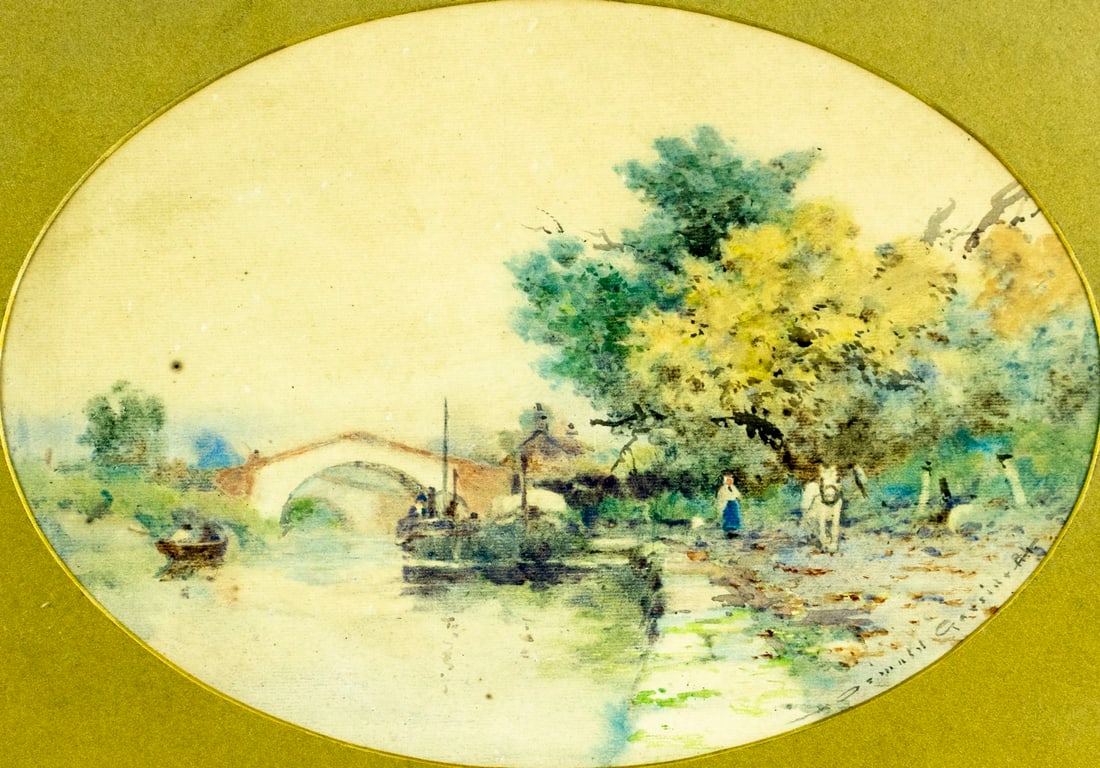 Oswald Garside (UK,1879-1942) watercolor painting antique: ARTIST: Oswald Garside (United Kingdom, 1879 - 1942) TITLE: River Landscape with Bridge MEDIUM: watercolor on paper CONDITION: Some age toning. Some foxing. Framed under the