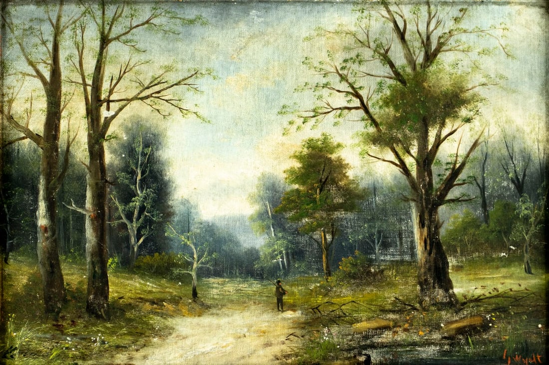 Wyatt (US,early 20C) oil painting antique: ARTIST: Wyatt (American, early 20 century) TITLE: Forest Landscape with Figure MEDIUM: oil on canvas. Canvas applied to board. CONDITION: Some scratches/paint losses. Minor