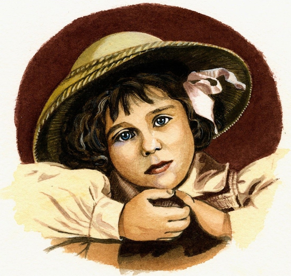 Clive Abbott (UK,1933-2008) watercolor painting: ARTIST: Clive Abbott (United Kingdom, 1933 - 2008) TITLE: Queen Mothers 100th Anniversary, As a Child (titled on verso) YEAR: 2000 MEDIUM: watercolor on board CON