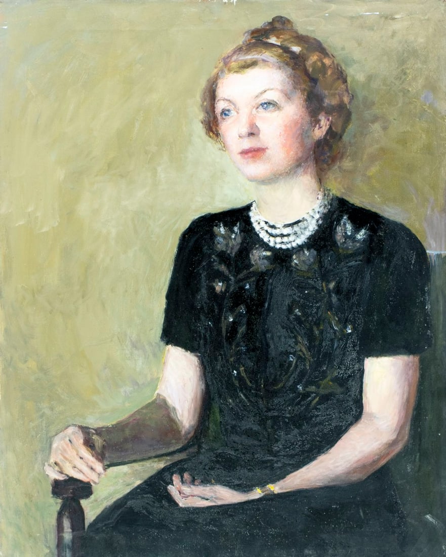 Helen DuMond (NY,CA,OR,1872-1968) oil painting: ARTIST: Helen Savier DuMond (New York, California, Oregon, 1872 - 1968) TITLE: Portrait of Woman in Black MEDIUM: oil on canvas CONDITION: Some scratches. Some craquelure.