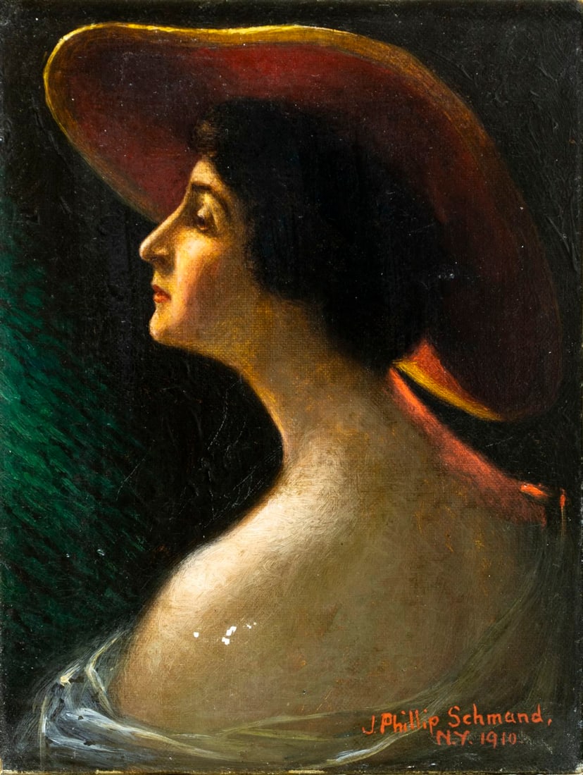 James Phillip Schmand (NY,PA,1871-1942) oil painting antique: ARTIST: James Phillip Schmand (New York, Pennsylvania, 1871 - 1942) TITLE: Portrait of Woman in Red Hat YEAR: 1910 MEDIUM: oil on canvas CONDITION: Some