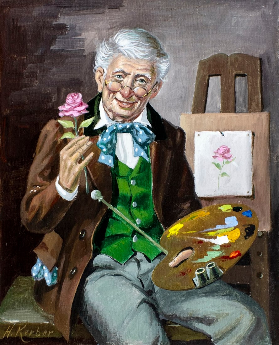 Hans Kerber (Austria,1920-?) oil painting: ARTIST: Hans Kerber (Austrian, 1920 - ???) TITLE: Portrait of Artist MEDIUM: oil on canvas CONDITION: Unstretched (In-House stretching available) (In-House stretching avai
