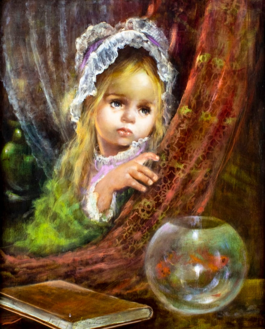 Armando Gentilli (Italy,1909-1981) oil painting: ARTIST: Armando Angelo Gentilini (Italian, 1909 - 1981) TITLE: Girl with Book and Goldfish MEDIUM: oil on canvas CONDITION: Very good. No visible inpaint under UV light. W