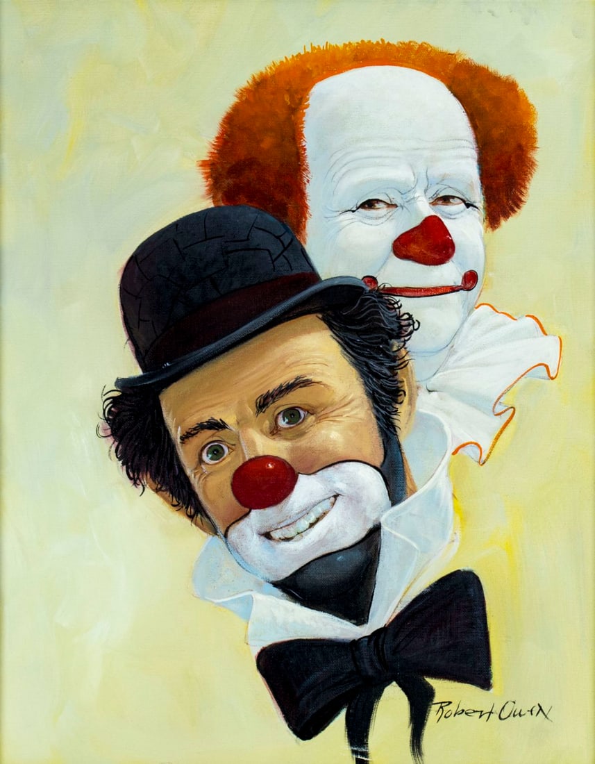 Robert Owen (CA,WA,MO,b 1930) oil painting: ARTIST: Robert Owen (California, Washington, Missouri, born 1930) NAME: Portrait of Clowns MEDIUM: oil on canvas CONDITION: Very good. No visible inpaint under UV light. SIGHT SIZE: 20 x