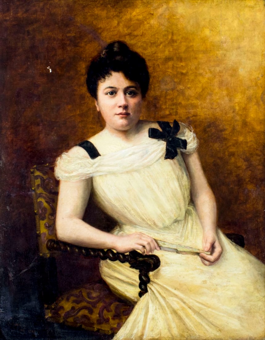 Anna Jost (US,19/20C) oil painting antique: ARTIST: Anna Jost (American, 19/20 century) NAME: Portrait of Lady YEAR: 1901 MEDIUM: oil on canvas CONDITION: Relined. Small paint loss in upper left corner. Minor craqu