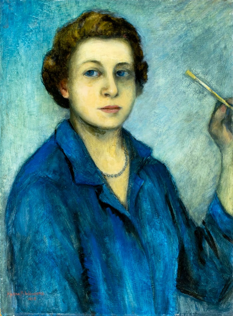 Marian M Weinberg (US,mid 20C) oil painting: ARTIST: Marian M Weinberg (American, mid 20 century) TITLE: Self Portrait (titled on verso) YEAR: 1958 MEDIUM: oil on board CONDITION: Few very minor scr