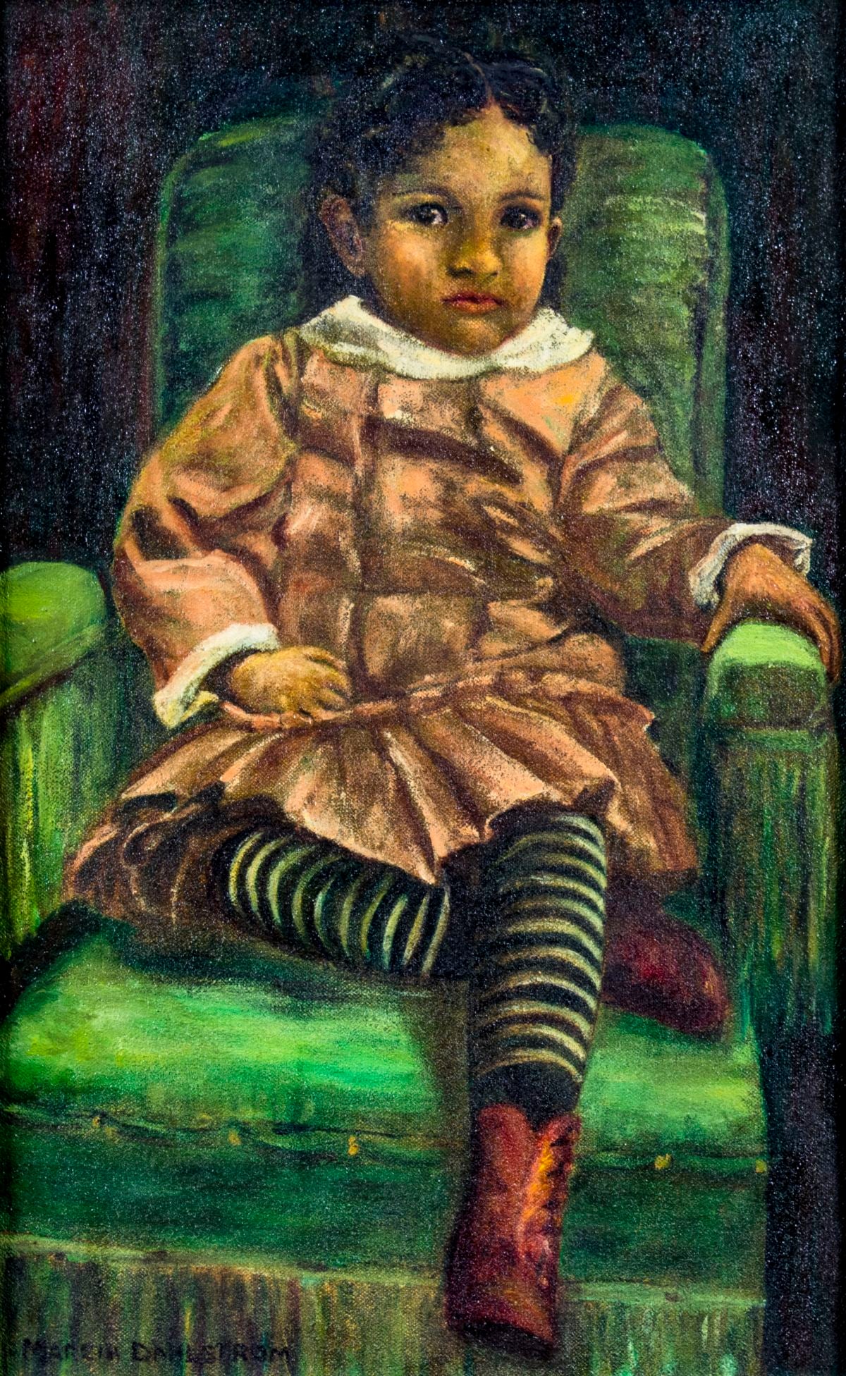 Marcia Dahlstrom (US,mid 20C) oil painting: ARTIST: Marcia Dahlstrom (American, 20 century) TITLE: Portrait of Girl MEDIUM: oil on canvas CONDITION: Minor craquelure. No visible inpaint under UV light. Wear to frame.<