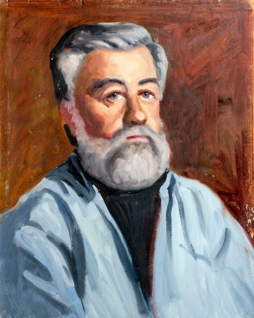 George Holloway (NJ,20C) oil painting: ARTIST: George R Holloway (New Jersey, 20 century) TITLE: Portrait of Man MEDIUM: oil on canvas board CONDITION: Some small damage to lower right corner. Some small paint lo
