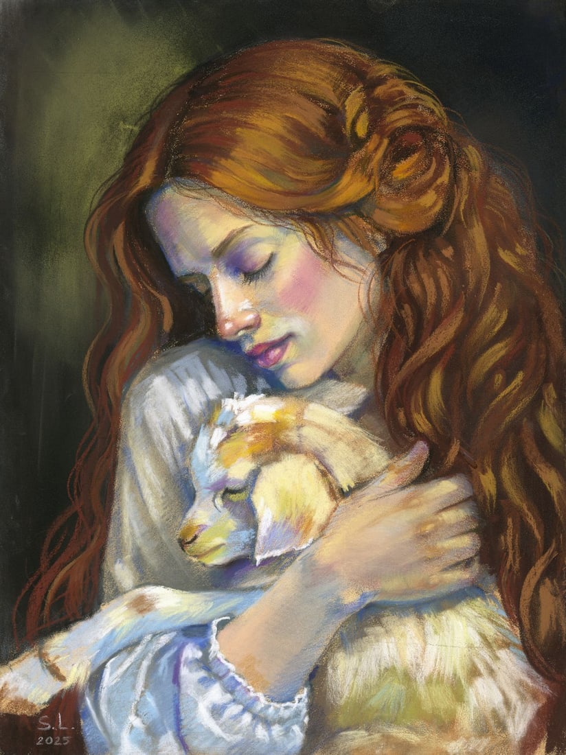 Lyudmila Siabro (Ukraine,20/21C) pastel painting: ARTIST: Lyudmila Siabro (Ukrainian, 20/21 centuries) TITLE: Portrait of Woman with Goat MEDIUM: pastel on heavy paper CONDITION: Few minor scratches/paint losses.