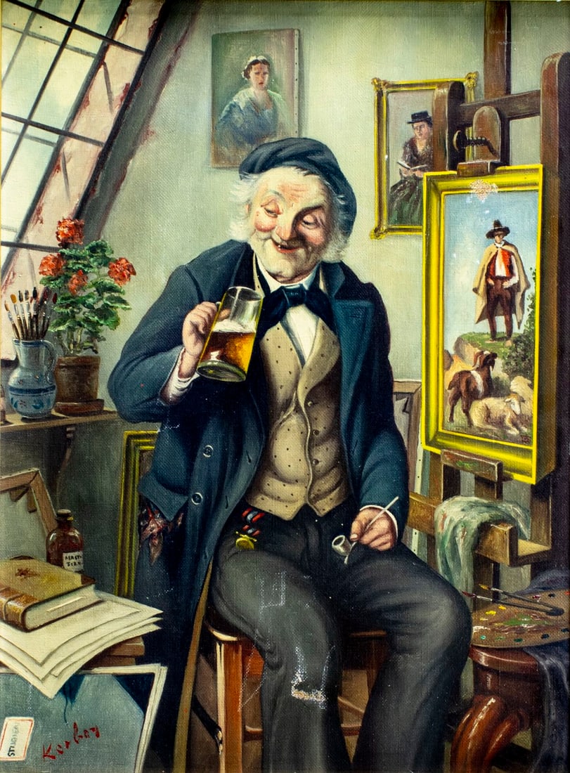 Hans Kerber (Austria,1920-?) oil painting: ARTIST: Hans Kerber (Austrian, 1920 - ???) TITLE: Artist with Beer Mug MEDIUM: oil on canvas CONDITION: Two patches. Some scratches/paint losses (see pictures carefully).