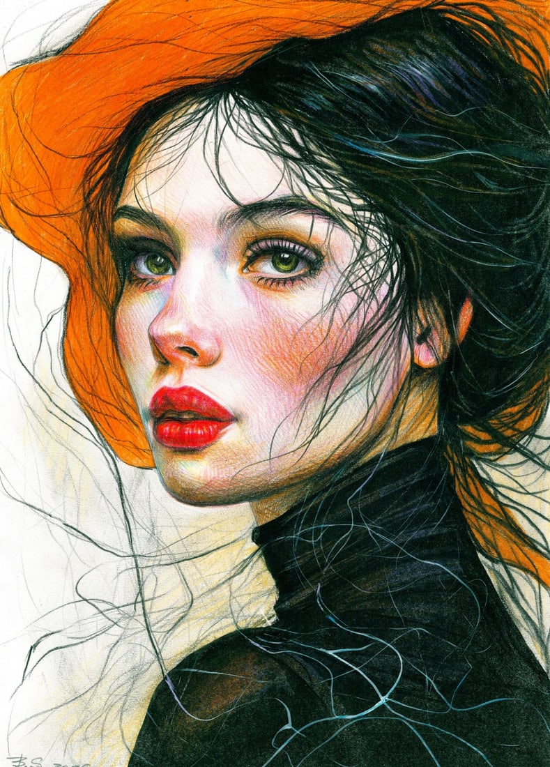 Svetlana Bedna (Ukraine,b 1982) colored pencil painting: ARTIST: Svetlana Bedna (Ukrainian, born 1982) TITLE: Portrait of Woman in Red Hat MEDIUM: colored pencil on paper CONDITION: Very good. ART SIZE: 12 x 8