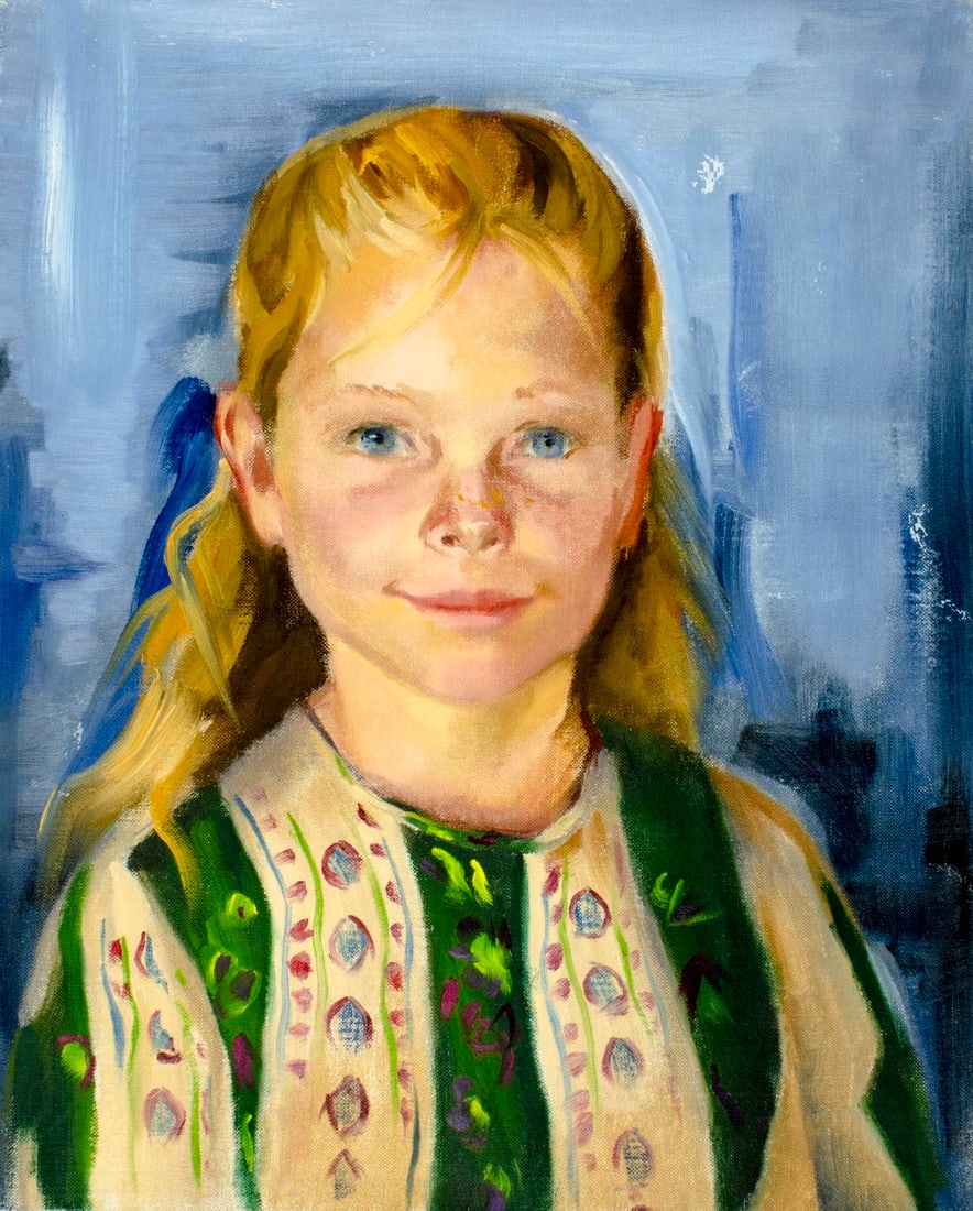 Nevada Carr (US,20C) oil painting: ARTIST: Nevada Carr (American, 20 century) TITLE: Portrait of Girl MEDIUM: oil on canvas CONDITION: Unstretched (In-House stretching available) (In-House stretching availabl