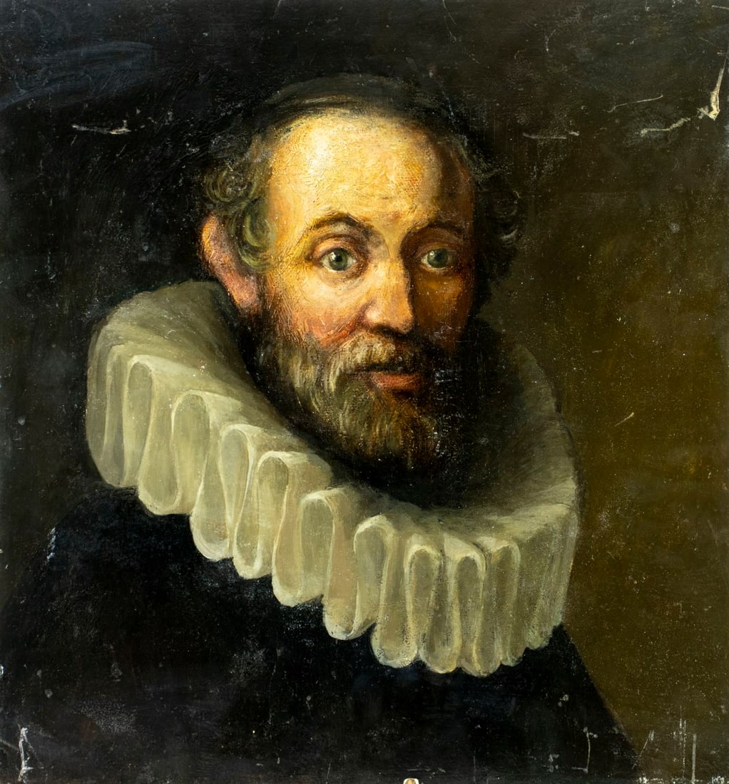 Antique 19C European oil painting: ARTIST: - (Europe, 19 century) TITLE: Portrait of Man MEDIUM: oil on board CONDITION: Some damages to edges and corners. Some scratches/paint losses. Some scattered minor