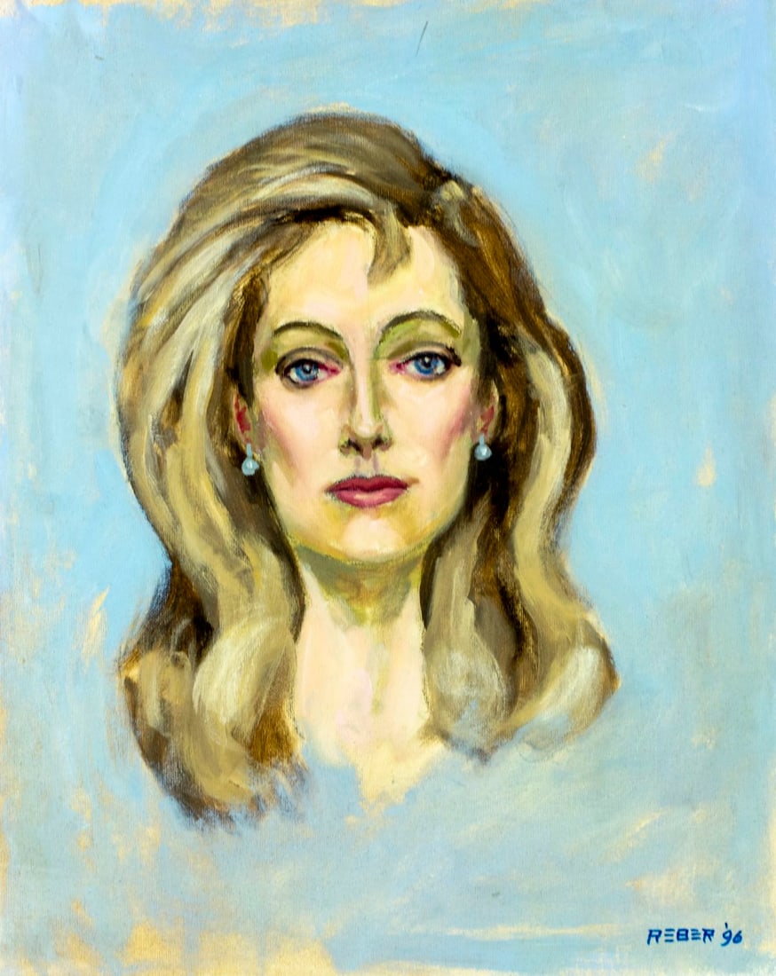 Anne Lindsey Reber (US,20C) oil painting: ARTIST: Anne Lindsey Reber (American, 20 century) TITLE: Portrait of Woman YEAR: 1996 MEDIUM: oil on canvas board CONDITION: Very good. No visible inpain
