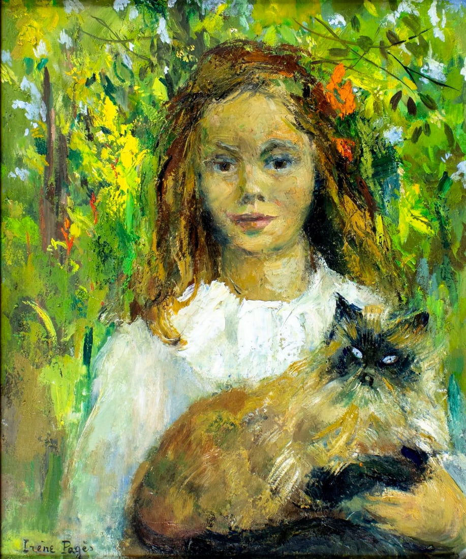 Irene Pages (France,1934-?) oil painting: ARTIST: Irene Pages (French, 1934 - ???) TITLE: Portrait of Girl with Cat MEDIUM: oil on canvas CONDITION: Overall good. No visible inpaint under UV light. Wear to frame.
