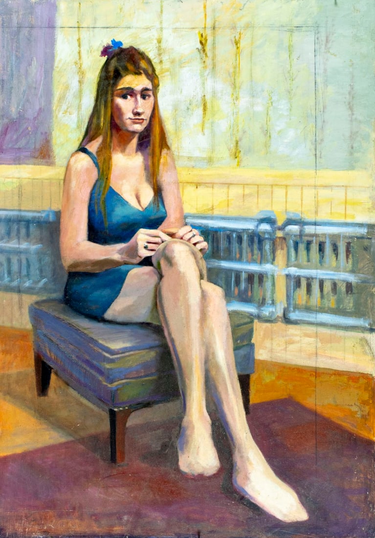 John Reilly (NY,NJ,1942-2021) oil painting: ARTIST: John Reilly (New York, New Jersey, 1942 - 2021) TITLE: Seated Woman in Blue MEDIUM: oil on board CONDITION: Some damages to corners. Some scratches/paint losses. N