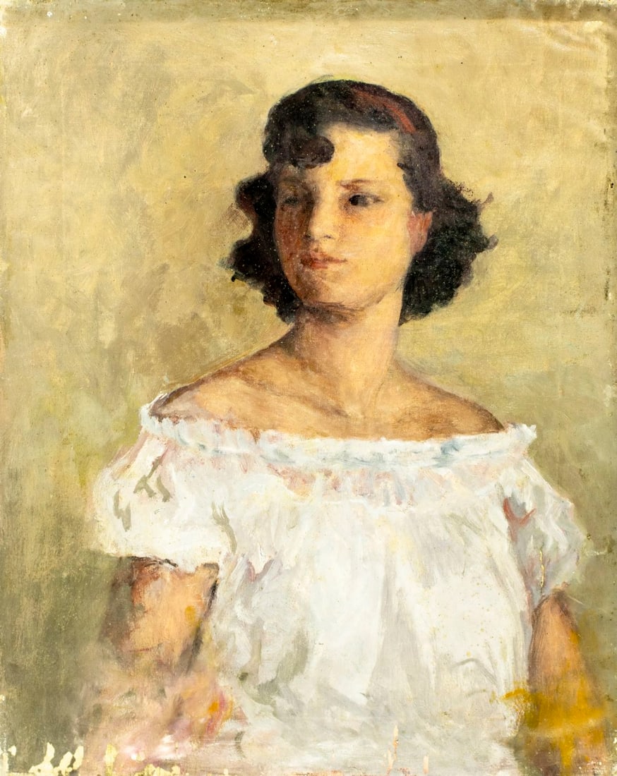 Helen DuMond (NY,CA,OR,1872-1968) oil painting: ARTIST: Helen Savier DuMond (New York, California, Oregon, 1872 - 1968) TITLE: Portrait of Woman MEDIUM: oil on canvas CONDITION: Two patches. Two nail holes by the right