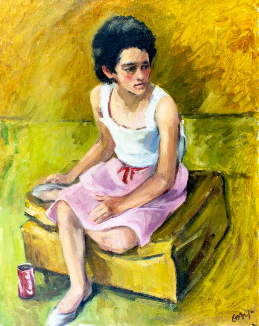 Virginia Tito Gay (MO,KS,1932-2024) oil painting: ARTIST: Virginia Tito Gay Findlay (Missouri, Kansas, 1932 - 2024) TITLE: Seated Woman MEDIUM: oil on canvas CONDITION: Minor paint losses. No visible inpaint under UV ligh