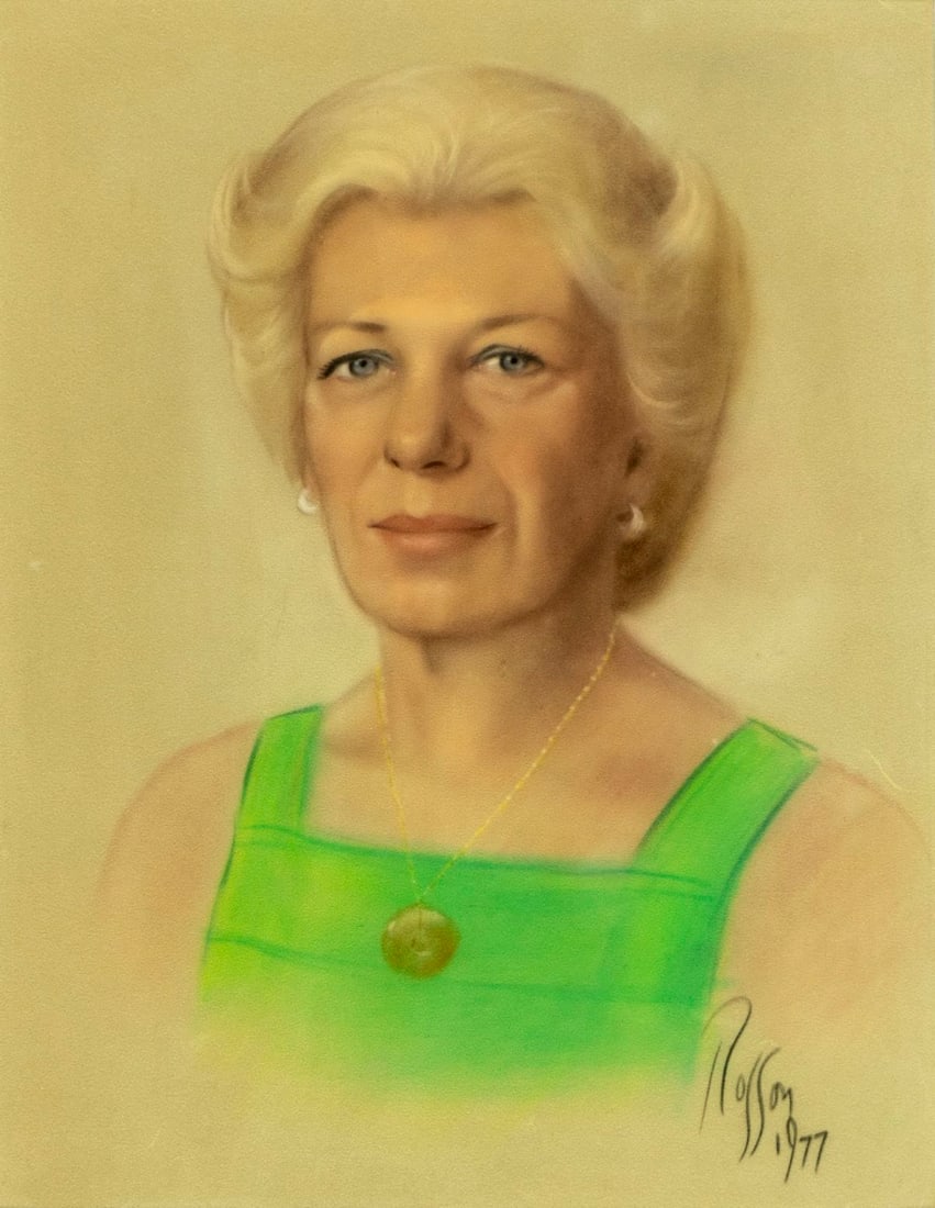 Vintage 20C American pastel painting signed: ARTIST: - (American, 20 century) TITLE: Portrait of Woman YEAR: 1977 MEDIUM: pastel on paper CONDITION: Minor age toning. Framed under glass. Wear to f