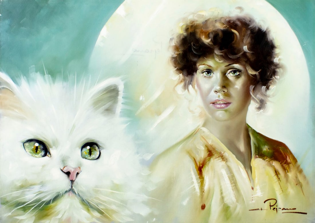 Gastone Peirano (Italy,20C) oil painting: ARTIST: Gastone Peirano (Italian, 20 century) TITLE: Portrait of Woman with White Cat MEDIUM: oil on canvas CONDITION: Unstretched (In-House stretching available) (In-House