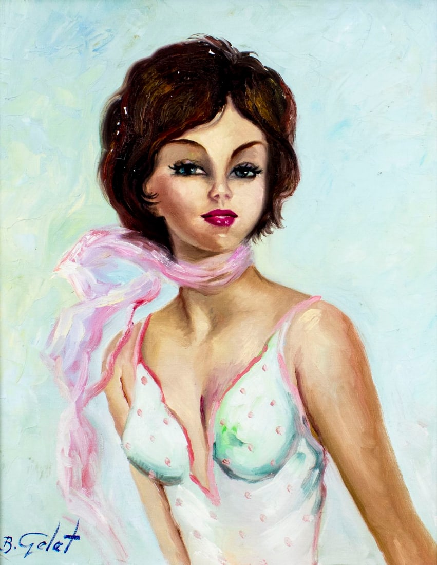 B Gelet (US,mid 20C) oil painting: ARTIST: B Gelet (American, mid 20 century) NAME: Portrait of Woman with Neck Scarf MEDIUM: oil on canvas CONDITION: Missing a few flakes of paint. No visible inpaint under UV light. SIGHT
