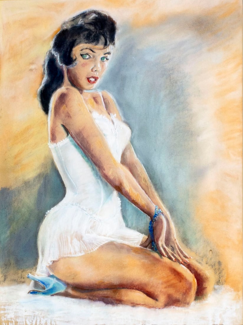 Vintage 20C American pastel painting: ARTIST: - (American, 20 century) TITLE: Kneeling Woman MEDIUM: pastel on paper CONDITION: Minor paint losses. Framed under glass. Wear to frame. ART SIZE: