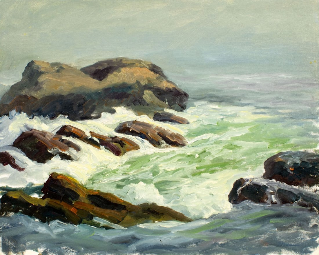 George Holloway (NJ,20C) oil painting: ARTIST: George Holloway (New Jersey, 20 century) TITLE: Seascape MEDIUM: oil on canvas board CONDITION: Missing a few flakes of paint. No visible inpaint under UV light.